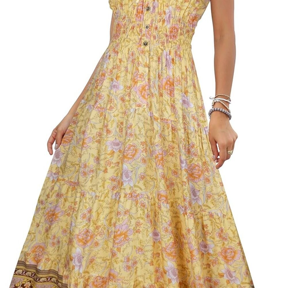Women's 2025 Summer Short Sleeves Boho Floral Print Tiered Casual Flowy Long Max